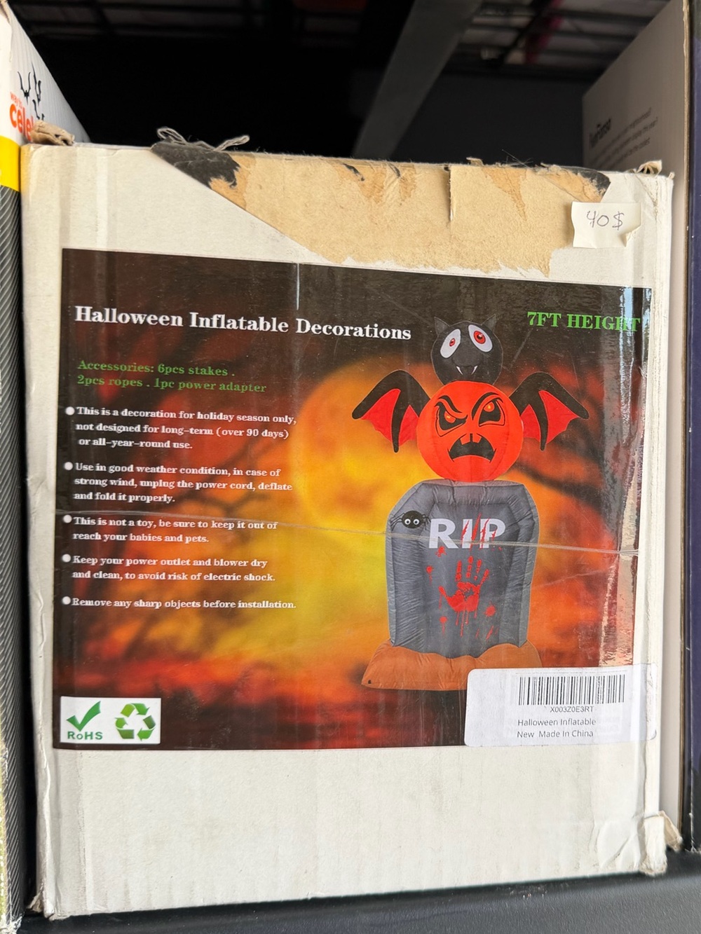 Halloween Inflatable Tombstone with Bat Decoration - Black and Orange